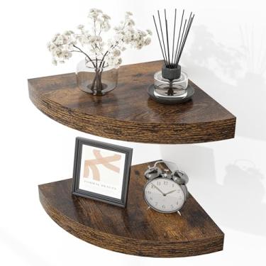 Imagem de Fun Memories Conjunto de 2 prateleiras de canto flutuantes - Prateleiras de armazenamento e exibição montadas na parede de madeira rústica para sala de estar, quarto, cozinha, banheiro - decoração de