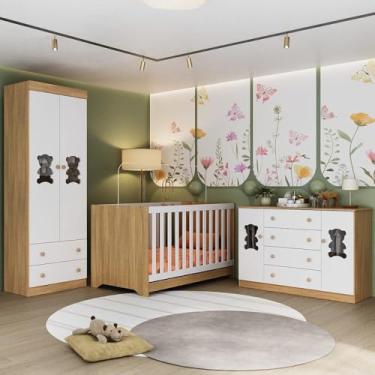 Imagem de Quarto de Bebê Completo com Berço Americano 3 em 1 Teddy Multimóveis Mp4656 Madeirado/branco