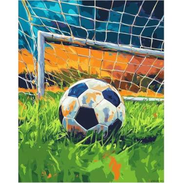 Imagem de VNUIEHG Tinta de bola de futebol em gol por número para adultos, pintura de pintura a óleo DIY de grama verde por número, decoração de parede esportiva para casa, bola de futebol, paisagem, kits de