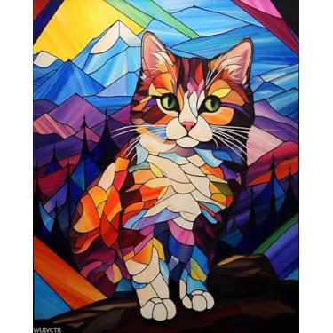 Imagem de Tintas por números para adultos, janela de vitral, animal, gato, imagens de pintura a óleo por números, presente para colorir por números, decoração de parede, 40 x 50 cm