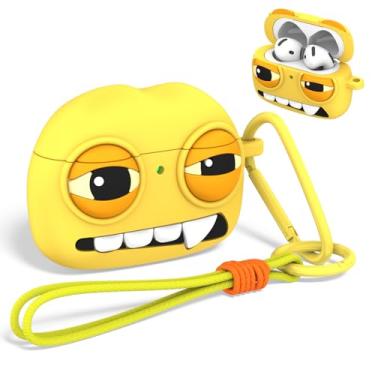 Imagem de OAJ Capa protetora engraçada para AirPods 4, desenho animado 3D, capa de silicone macio com chaveiro e cordão (amarelo)