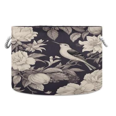 Imagem de SEHANY Cesta redonda grande de flores e pássaros com alça de corda, cesto de roupa suja de lona para armazenamento de cobertores, cesta de armazenamento de berçário infantil para quarto de banho
