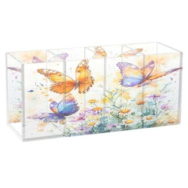 Imagem de SEHANY Porta-canetas de acrílico com flores de borboleta coloridas, 4 compartimentos, porta-lápis transparente, organizador de pincéis de maquiagem, organizador de papelaria para escritório, casa
