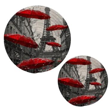 Imagem de Blueangle 2 peças de suporte de panela para guarda-chuvas vermelhos - conjunto de pegadores de panela de tecido redondo - almofadas quentes trançadas de algodão - porta-copos - tapetes de mesa para