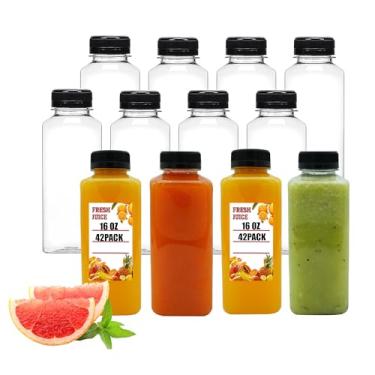 Imagem de Kaderron 42 garrafas de suco de plástico de 473 ml com tampas, garrafas de plástico descartáveis PET vazias, recipientes transparentes para bebidas a granel com tampas pretas invioláveis para sucos