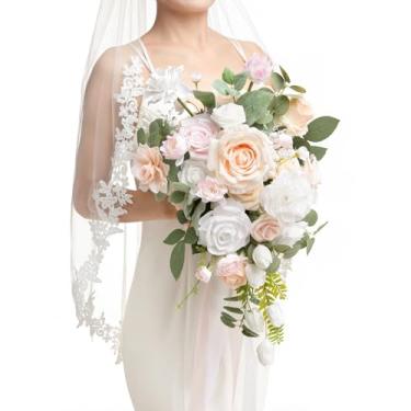 Imagem de Ling's moment Buquê de noiva rosa blush em cascata, buquês de casamento de coral para noiva, buquês de noiva de 33 cm para buquês de flores artificiais de casamento