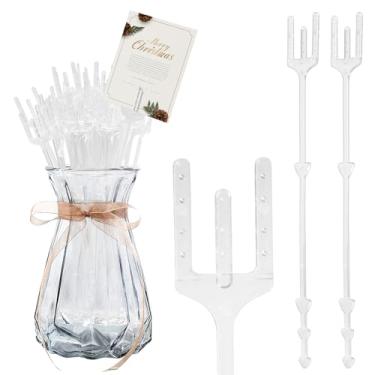 Imagem de LEONTOOL Porta-cartões de palheta floral, 100 peças, plástico de 24 cm, cabeça reta, porta-cartões, garfo transparente, cabeça reta, porta-cartões fotográficos para arranjo floral, buquê, decoração de