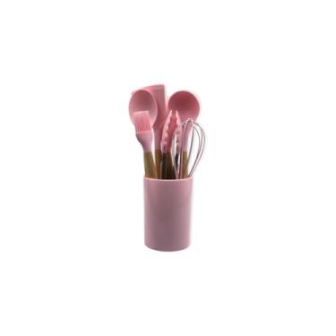 Imagem de Conjunto de Utensílios de Silicone com Cabo de Madeira, 8 Peças, Rosa, Inclui Concha, Colher, Espátulas, Pegador, Fuê, Pincel e Copo Suporte
