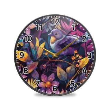 Imagem de WELLDAY Relógio de parede sem tique-taque 25 cm - Pássaros, flores, borboletas, quartzo, operado por bateria, relógio redondo silencioso para casa/escritório/cozinha/sala de aula