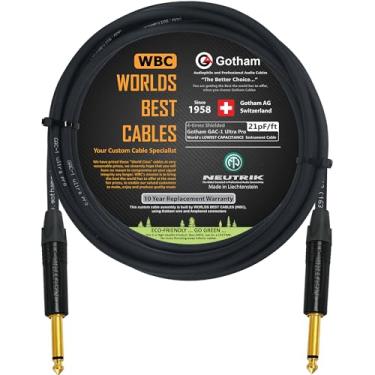 Imagem de 3 metros – Gotham GAC-1 Ultra Pro – Cabo de instrumentos de baixo de guitarra premium (21 pf/F) – com conectores de ouro neutrik reta a reta de 6,35 mm TS – Feito sob medida pelos melhores cabos do mundo