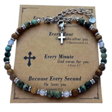 Imagem de DOLON Pulseira minimalista cristã com pingente de cruz com contas boêmia de pedra natural de 4 mm para mulheres, homens, confirmação, batismo, Páscoa, aniversário, presentes religiosos de Natal