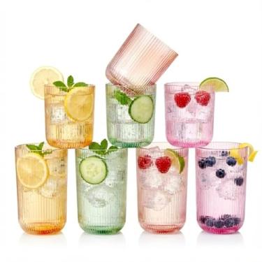 Imagem de Khen Copos texturizados com nervuras | Conjunto de 8 peças com 4 copos Highball de 364 g e Lowball 269 g duráveis reutilizáveis suco de água refrigerante café gelado coquetel limonada copos laváveis