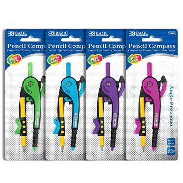 Imagem de Bússola geométrica de matemática BAZIC com braço em escala e lápis de madeira HB, centímetro de polegada, ferramenta de desenho de arte matemática para estudantes, cores sortidas, pacote com 4