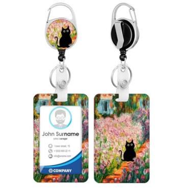 Imagem de Porta-crachá de identificação floral com flor de gato preto com molinete retrátil resistente, chaveiro, cartão de identificação para mulheres, professores, enfermeiros, médicos, estudantes, escritório
