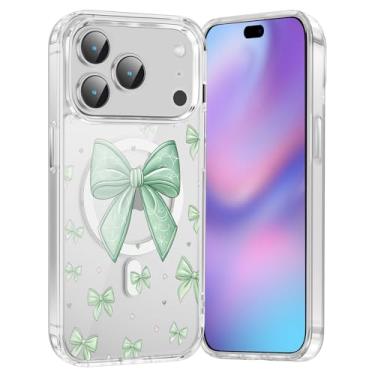 Imagem de FBHGLOA Capa de celular para iPhone 17 Pro Max de 6,9 polegadas, com laço verde, compatível com MagSafe, fita estética com estampa de coração, antiamarelamento, à prova de choque, capa magnética