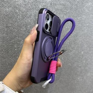 Imagem de Capa Armor com suporte magnético para iPhone 16e, 16, 14, 13, 12, 11, 15 Pro Max Plus, com cordão, proteção para câmera, à prova de choque, roxa, para iPhone 16