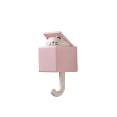 Imagem de Gancho adesivo criativo, ganchos fofos para animais de estimação para casaco, cachecol, chapéu, toalha, chave, bolsa, gancho utilitário de gato para decorações de pendurar na parede (gato rosa)