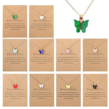 Imagem de Conjunto de 10 colares delicados e coloridos com pingente de borboleta, gargantilha de borboleta de acrílico colorido e joia de corrente em camadas, colar de corrente de borboletas de acrílico boêmio