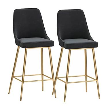 Imagem de Bancos de bar de metal, conjunto de 2 bancos altos de cozinha, cadeiras de veludo para café da manhã com encostos e pernas de metal dourado para bistrô, café, pub