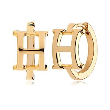 Imagem de MYEARS Brincos de argola femininos dourados com inicial de ouro 14 k preenchidos com ouro pequeno, simples, hipoalergênico, personalizável – 26 letras