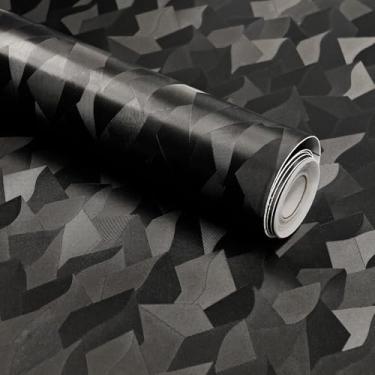 Imagem de Papel de parede preto irregular texturizado texturizado – 43 cm x 497 cm Papel de parede com efeito camuflado preto sutil removível com acabamento fosco sem danos | Material grosso para fácil