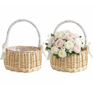Imagem de Conjunto de 2 cestas para meninas de flores, cesta de vime de renda elegante e pérola, cesta de flores rústica para casamento, cesta leve para lembrancinhas de casamento, decorações de festa