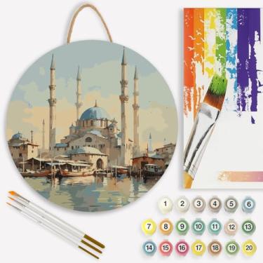 Imagem de Kit de pintura por números de viagem de paisagem urbana para adultos em tábua de madeira – Kit de pintura artesanal de madeira faça você mesmo do horizonte de Istambul e barcos, redondo de 30 cm