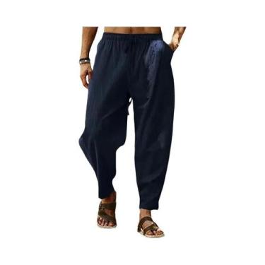 Imagem de Calças Casuais Masculinas De Algodão E Linho De Cintura Alta E Perna L