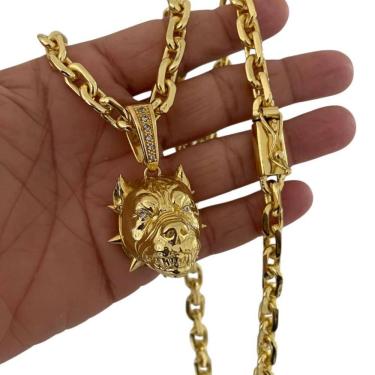 Imagem de Cordão 8Mm Cadeado + Pingente Pitbull - Banhado A Ouro