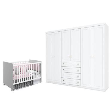 Imagem de Berço Nacional Mel Branco Acetinado - Reller E Guarda Roupa Casal Americano 6 Portas Branco Hp - Henn