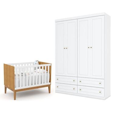 Imagem de Berço Americano Unique Freijó Branco Soft  Eco Wood - Matic E Guarda Roupa Infantil Americano 4 Porta Branco Hp - Henn