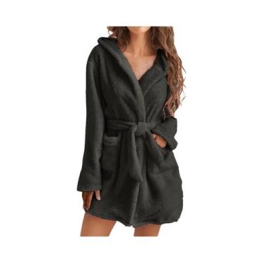 Imagem de Roupão Feminino De Fleece Com Capuz E Cinto, Cor Sólida, Quente E Conf
