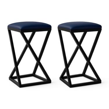 Imagem de Kit 2 Banqueta Z 80 Cm Alta Bistrô Bancada Cozinha Moderno Corino Azul Marinho