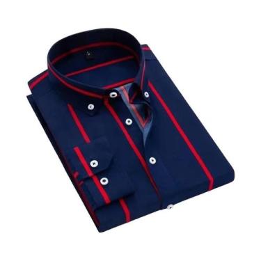 Imagem de Camisa Masculina Slim Fit Azul Marinho Listrada De Manga Longa, Não Am