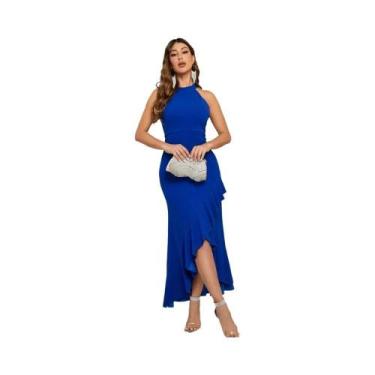 Imagem de Vestido Longo Sereia Feminino Com Gola Halter, Babados E Fenda, Modelo