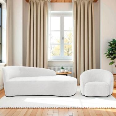 Imagem de Kit Divã Recamier Orgânico França 140cm Lado Direito E Poltrona Amore Bouclé Branco