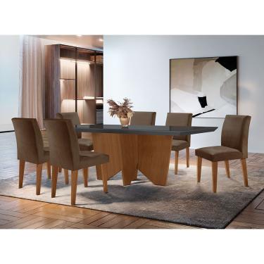 Imagem de Conjunto de Jantar Evora 6 Lugares Tampo de Vidro com Cadeiras em Veludo Marrom Mesa 18...