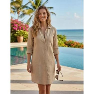 Imagem de Saídas De Praia Feminina Manga Longa Estilo Camisão Chemise Vestido Chamise De Praia Leve Com Bolso-Feminino