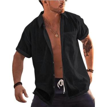 Imagem de Camisa Masculina De Linho E Algodão, Manga Curta, Com Botões, Gola Vir