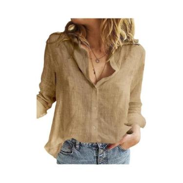 Imagem de Blusa Casual Elegante De Algodão E Linho Para Mulheres, Manga Longa, C