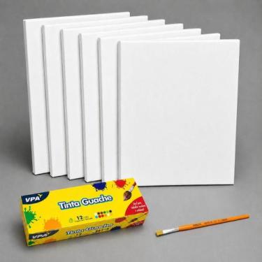 Imagem de Kit 5 Telas Para Pintura 20x30cm com 12 Tintas Guache e Pincel - KAZ /
