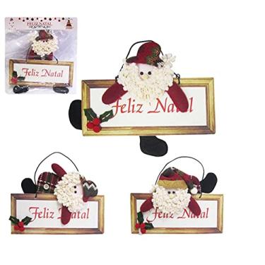 Imagem de Placa Feliz Natal com Papai Noel Enfeite Decorativo de Pendurar 21X9CM