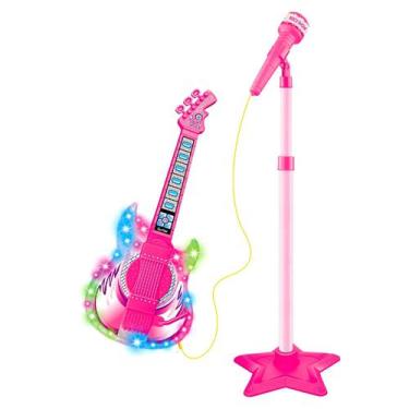 Imagem de Microfone Com Pedestal + Guitarra Infantil Conecta Celular - Dm Toys