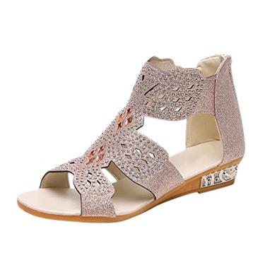 Imagem de Sandálias femininas para mulheres meninas sapatos de praia de cristal de verão casualMaterial: couro artificial sandálias de salto para mulheres elegantes (bege, 8)