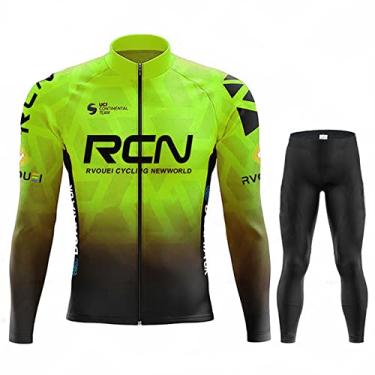 Imagem de Outono Inverno Ciclismo Jersey Ao Ar Livre Térmico Fleece Bicicleta Meia-calça Zíper Completo À Prova de Vento Bicicleta de Estrada Manga Longa Bib Pants, Verde, 3GG (184CM/95KG)