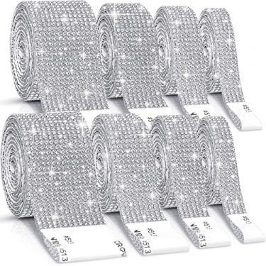 Imagem de 8 rolos de fitas de strass, Cludoo 8 jardas de fita autoadesiva prata de strass, fita de diamante brilhante em rolo de strass brilhante para decoração de carro, artesanato, festa de casamento