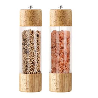 Imagem de Conjunto de moedores de sal e pimenteira, moedores de sal e pimenta de madeira, saleiro e pimenteiro com janela de acrílico visível, núcleo de moagem de cerâmica, pacote com 2
