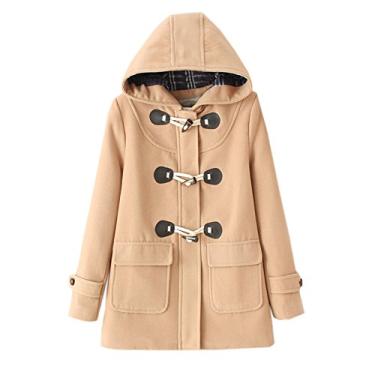 Imagem de WSLCN Casaco clássico feminino trench coat com capuz casual inverno lã bolsos casaco de lã casaco pavão, Caqui com forro de algodão, US 14 (Asian XL)