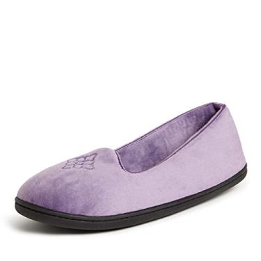 Imagem de Dearfoams Pantufa feminina confortável de balé Rebecca com espuma viscoelástica para uso interno e costas fechadas com larguras amplas, Veludo roxo, 7-8 Wide