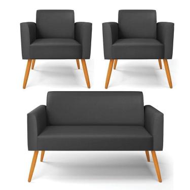 Imagem de Sofá Namoradeira Com 2 Poltronas Pés Palito Castanho Marisa Corino D03 - D\`rossi Cor Preto